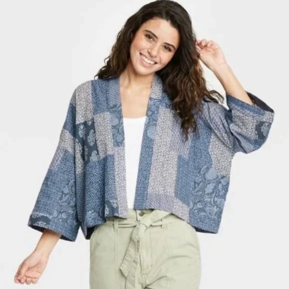 Women’s Patchwork Cropped Kimono Jacket - Universal Thread - Navy OSFM